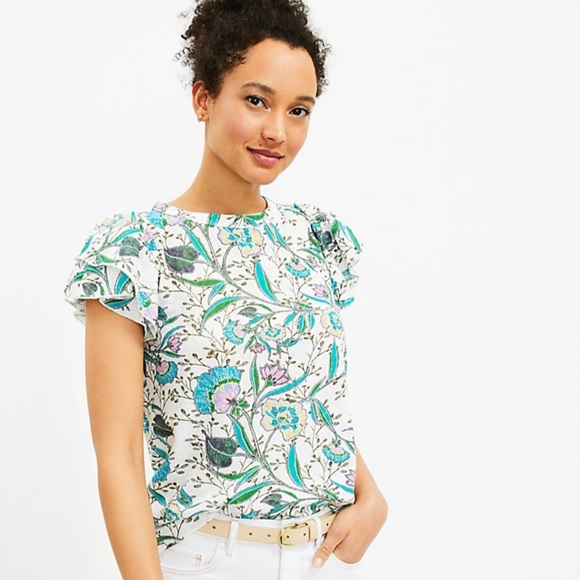 LOFT Floral Tiered Ruffle Sleeve Tee Size L - Picture 3 of 4